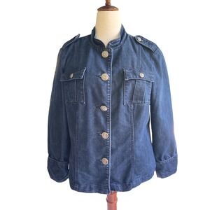 Military Style Denim Jacket XL Dark Wash Gold Crest Buttons Utility Chic